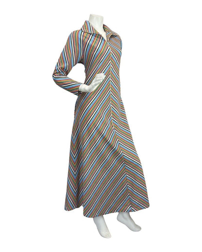 VINTAGE 70s BLUE WHITE RED GREEN STRIPED MOD ZIP-UP SHIRT MAXI DRESS 12 14