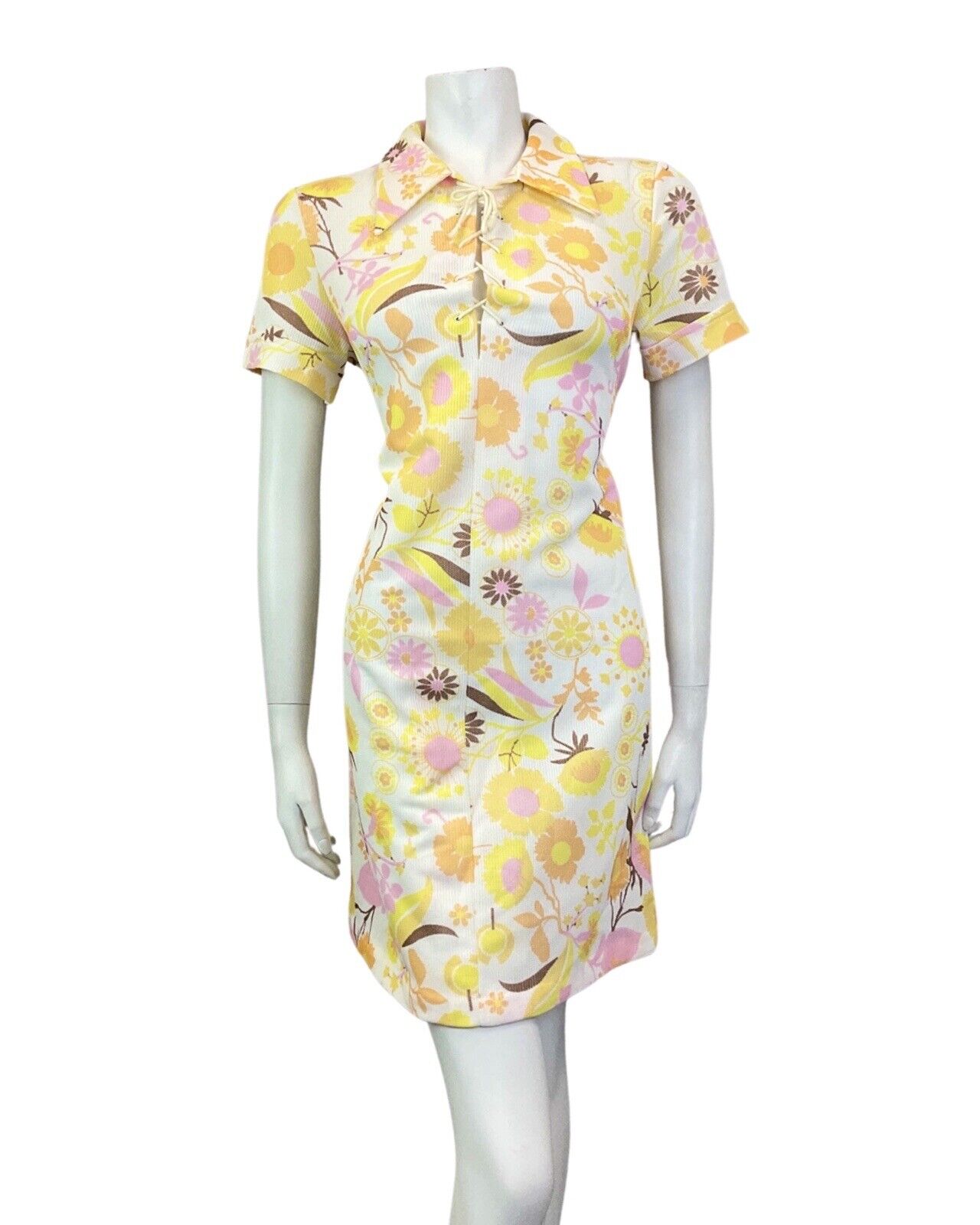 VINTAGE 60s WHITE YELLOW PINK DAISY FLORAL LACE-UP DAGGER SHIRT DRESS 12 14
