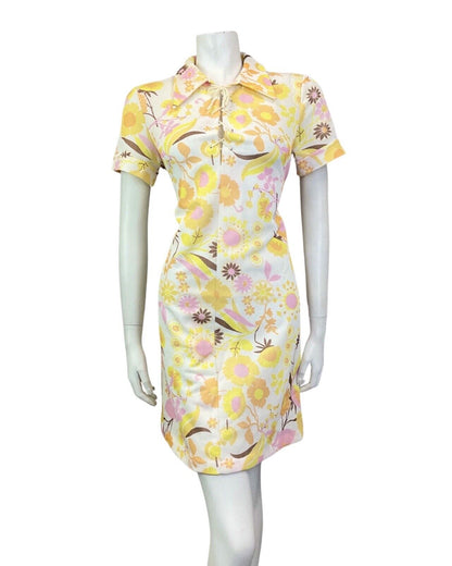 VINTAGE 60s WHITE YELLOW PINK DAISY FLORAL LACE-UP DAGGER SHIRT DRESS 12 14
