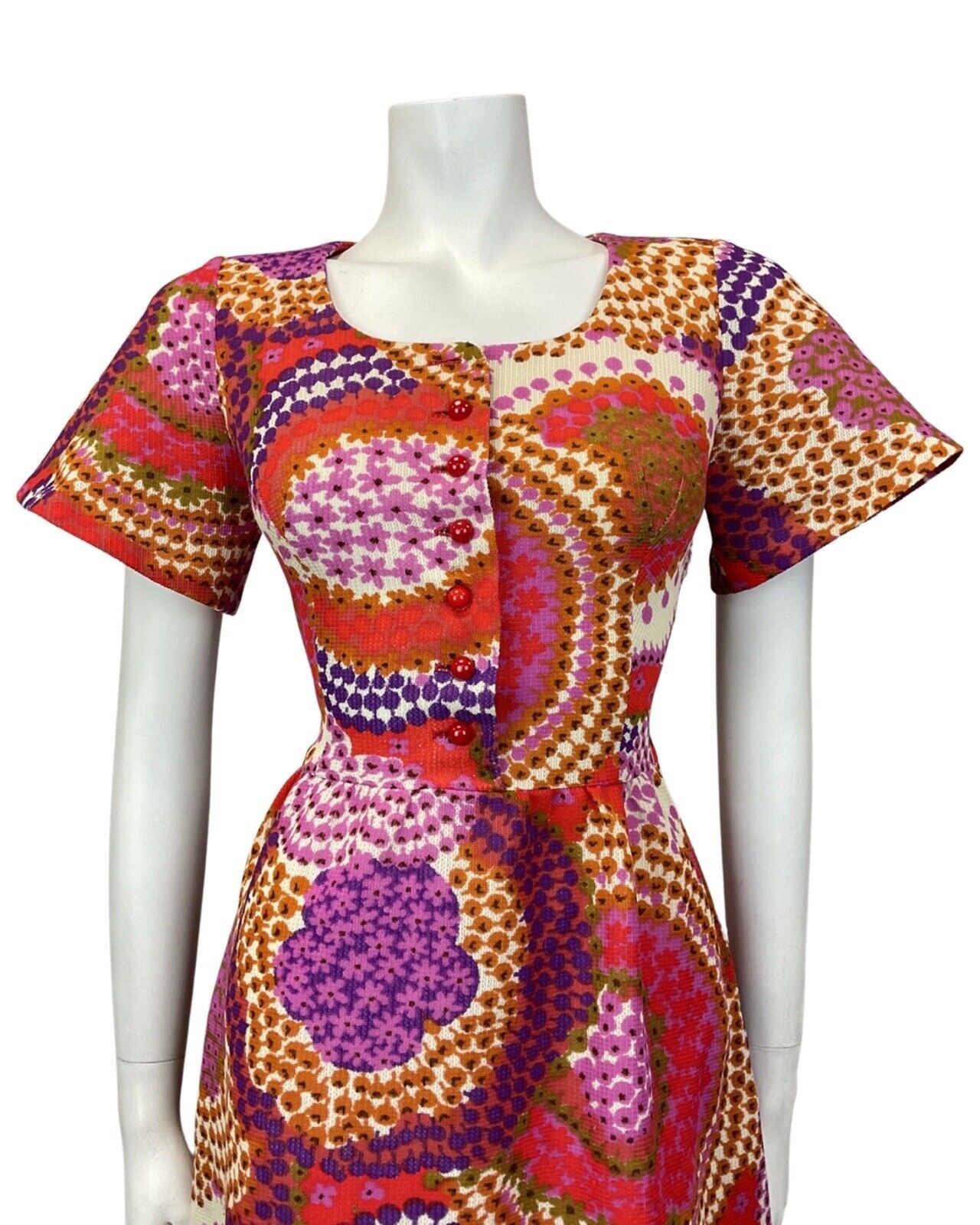 VTG 60s 70s PINK RED PURPLE PSYCHEDELIC SPIROGRAPH FLORAL BELL SLEEVE DRESS 8 10