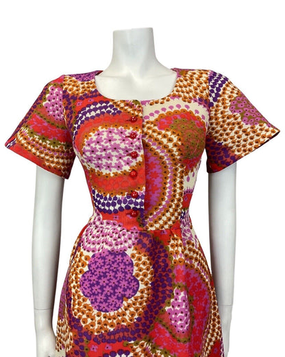 VTG 60s 70s PINK RED PURPLE PSYCHEDELIC SPIROGRAPH FLORAL BELL SLEEVE DRESS 8 10