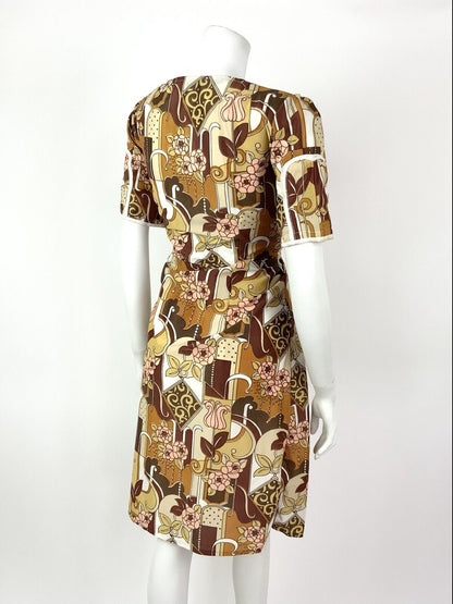 VINTAGE 60s 70s BROWN YELLOW RED PINK FLORAL GEOMETRIC BUTTONED DRESS 8 10