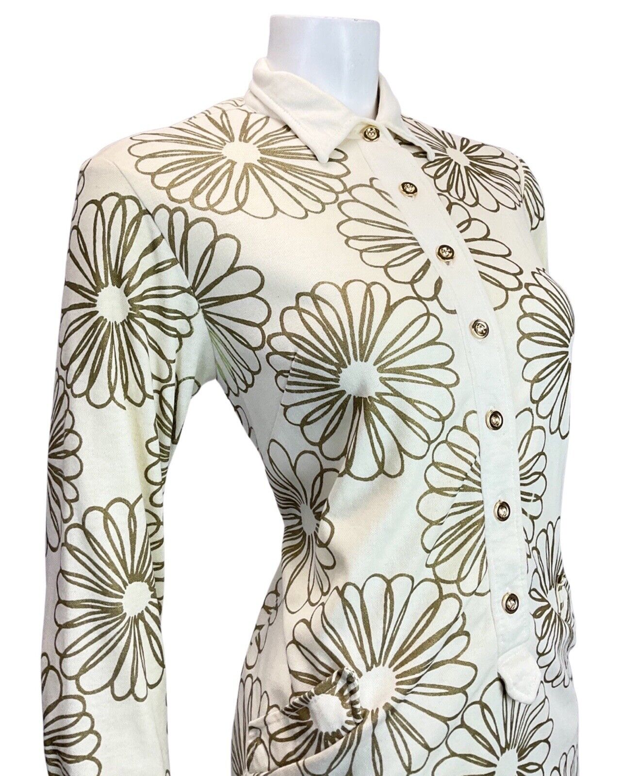 VINTAGE 60s 70s CREAM GOLD FLORAL MOD SHIRT SCOOTER DRESS 10 12