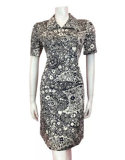 VINTAGE 60s 70s BLACK WHITE SILVER PSYCHEDELIC FLORAL MOD SHIRT DRESS 10 12