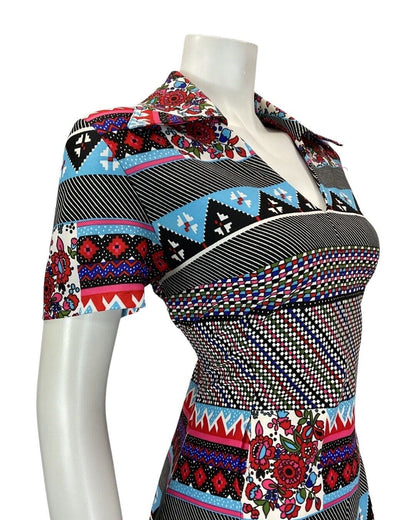 VINTAGE 60s 70s BLACK RED BLUE POLKA-DOT GEOMETRIC MOD DAGGER SHIRT DRESS 12 14
