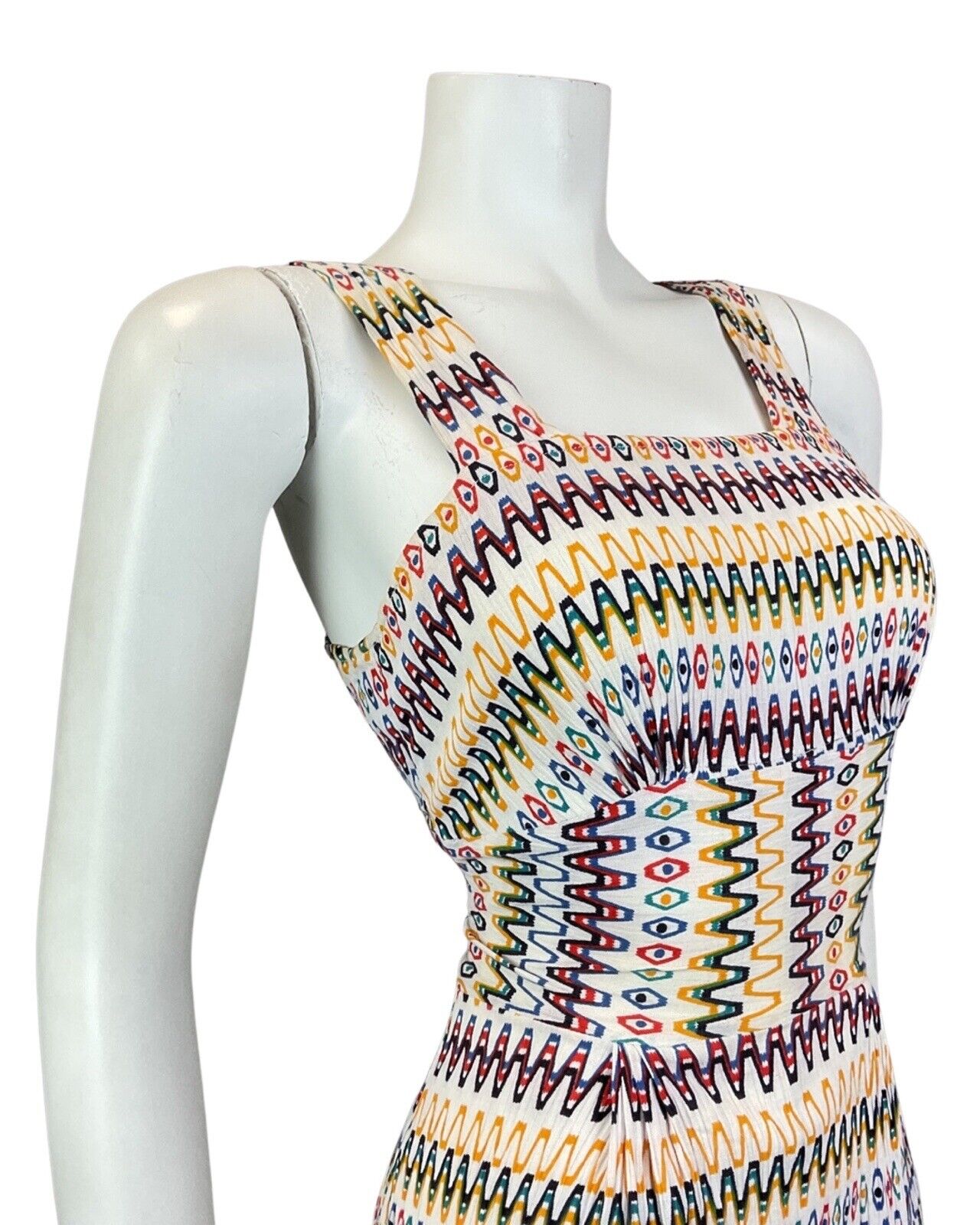 VINTAGE 60s 70s WHITE RED BLUE GREEN ZIG-ZAG GEOMETRIC SUMMER APRON DRESS 8