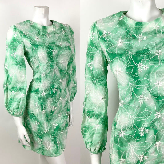 VINTAGE 60s 70s GREEN APPLE WHITE TIE-DYE FLORAL EMBROIDERED MOD DRESS 10
