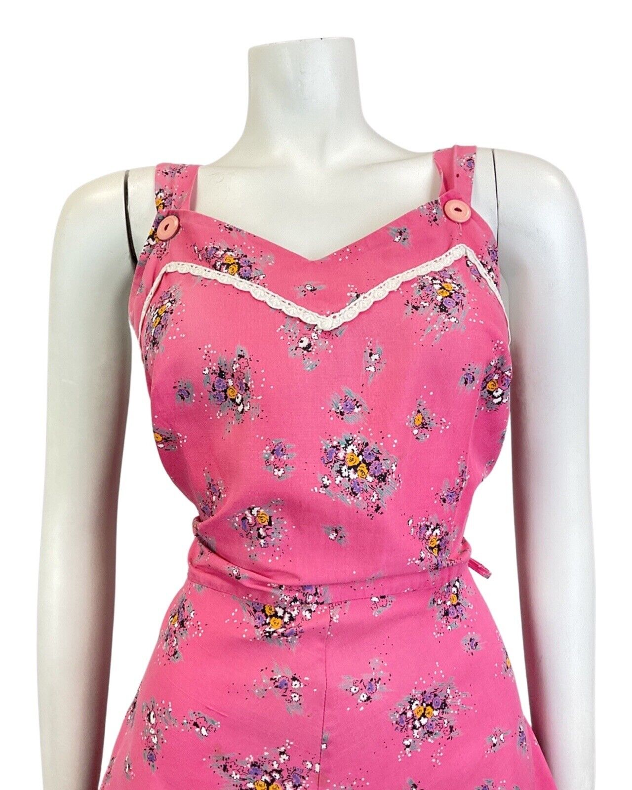 VINTAGE 70s PINK WHITE BLACK FLORAL BOUQUET LACE DITSY SUMMER SUN-DRESS 12 14