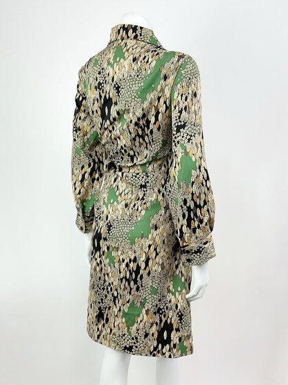 VTG 60s 70s CREAM GREEN BLACK FLORAL LEAFY PSYCHEDELIC DAGGER SHIRT DRESS 16 18