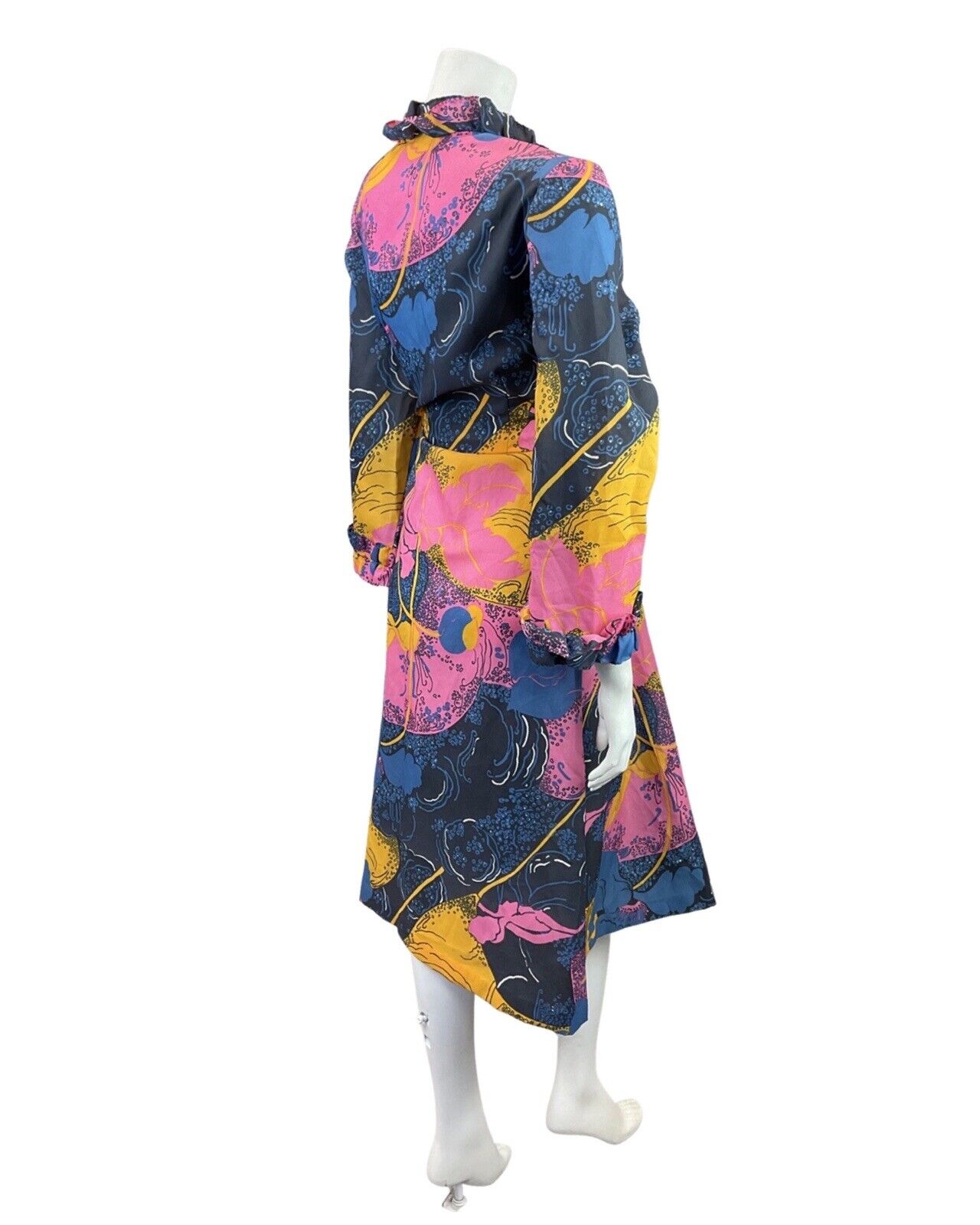 VTG 60s 70s BLUE PINK YELLOW PSYCHEDELIC ABSTRACT RUFFLED HOUSE COAT DRESS 14 16