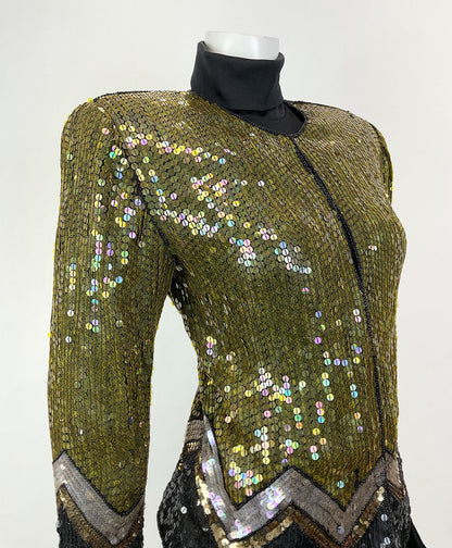 VINTAGE 70s 80s GOLD BLACK SILVER SEQUIN ZIG-ZAG DISCO PARTY TROPHY JACKET 8 10