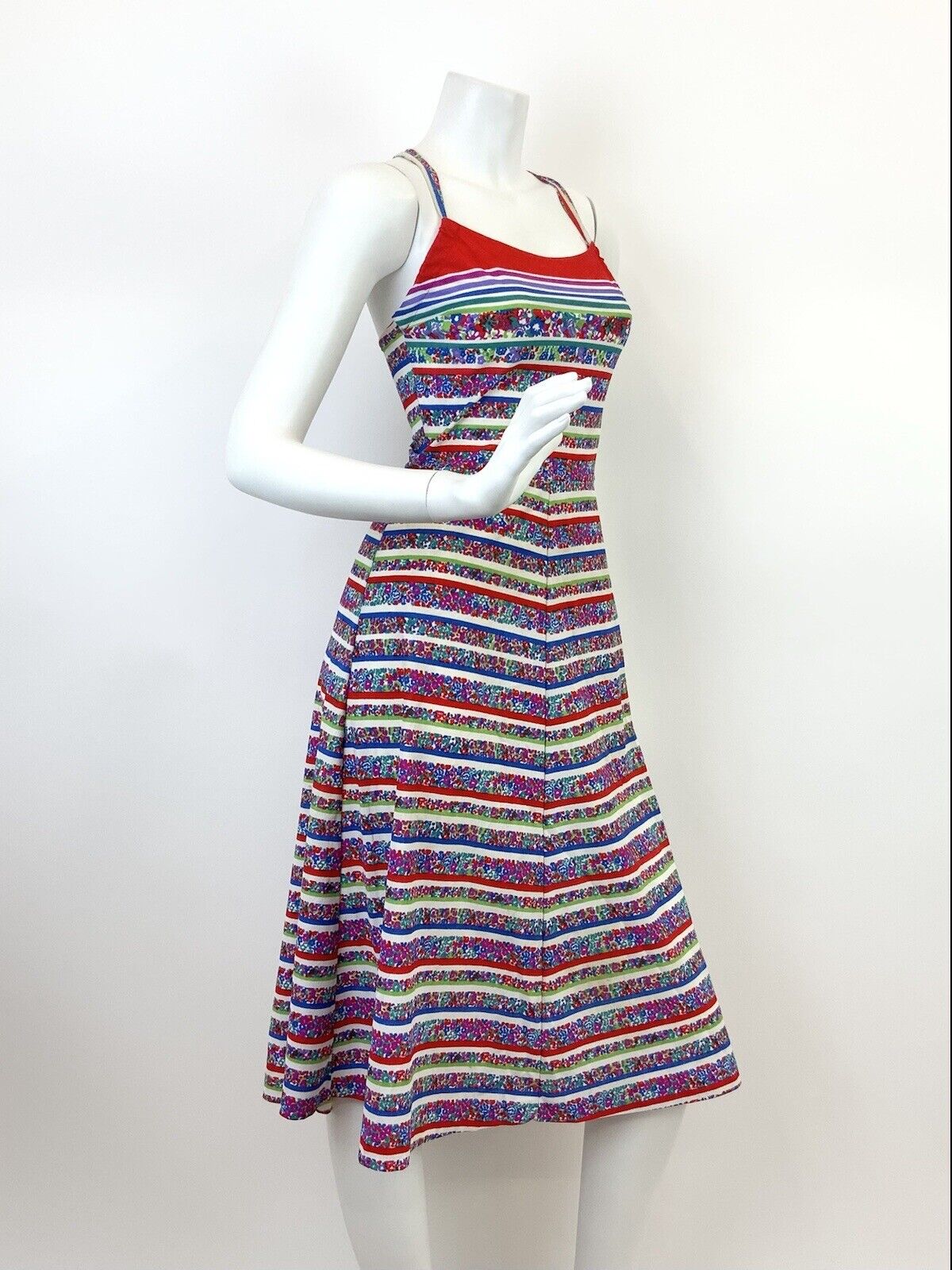 VINTAGE 60s 70s WHITE RED BLUE GREEN DITSY FLORAL STRIPED STRAPPY SUNDRESS 4