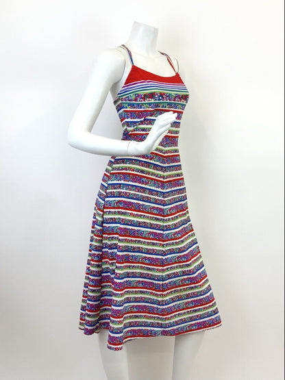 VINTAGE 60s 70s WHITE RED BLUE GREEN DITSY FLORAL STRIPED STRAPPY SUNDRESS 4