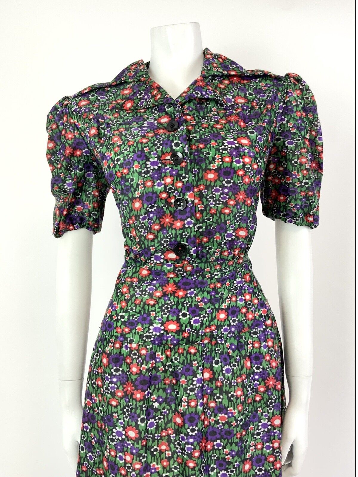 VTG 60s 70s GREEN PURPLE RED BLACK FLORAL DAISY DITSY MOD DAGGER SHIRT DRESS 12