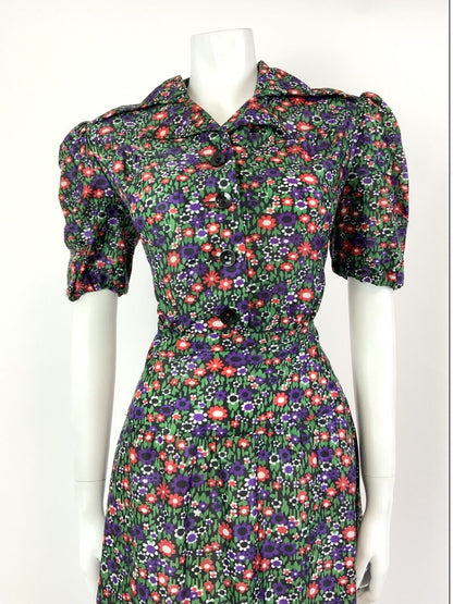 VTG 60s 70s GREEN PURPLE RED BLACK FLORAL DAISY DITSY MOD DAGGER SHIRT DRESS 12