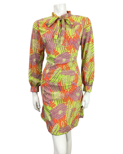 VINTAGE 60s 70s ORANGE GREEN PURPLE PSYCHEDELIC VINE LEAFY BOW MOD DRESS 12 14