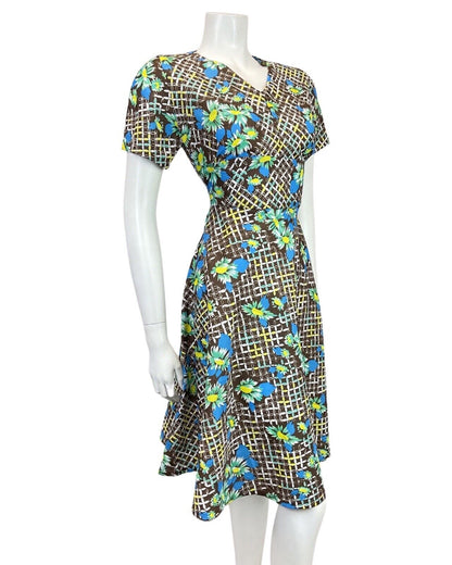 VINTAGE 60s 70s BROWN BLUE WHITE GRID CHECKED FLORAL MOD SWING DRESS 10 12