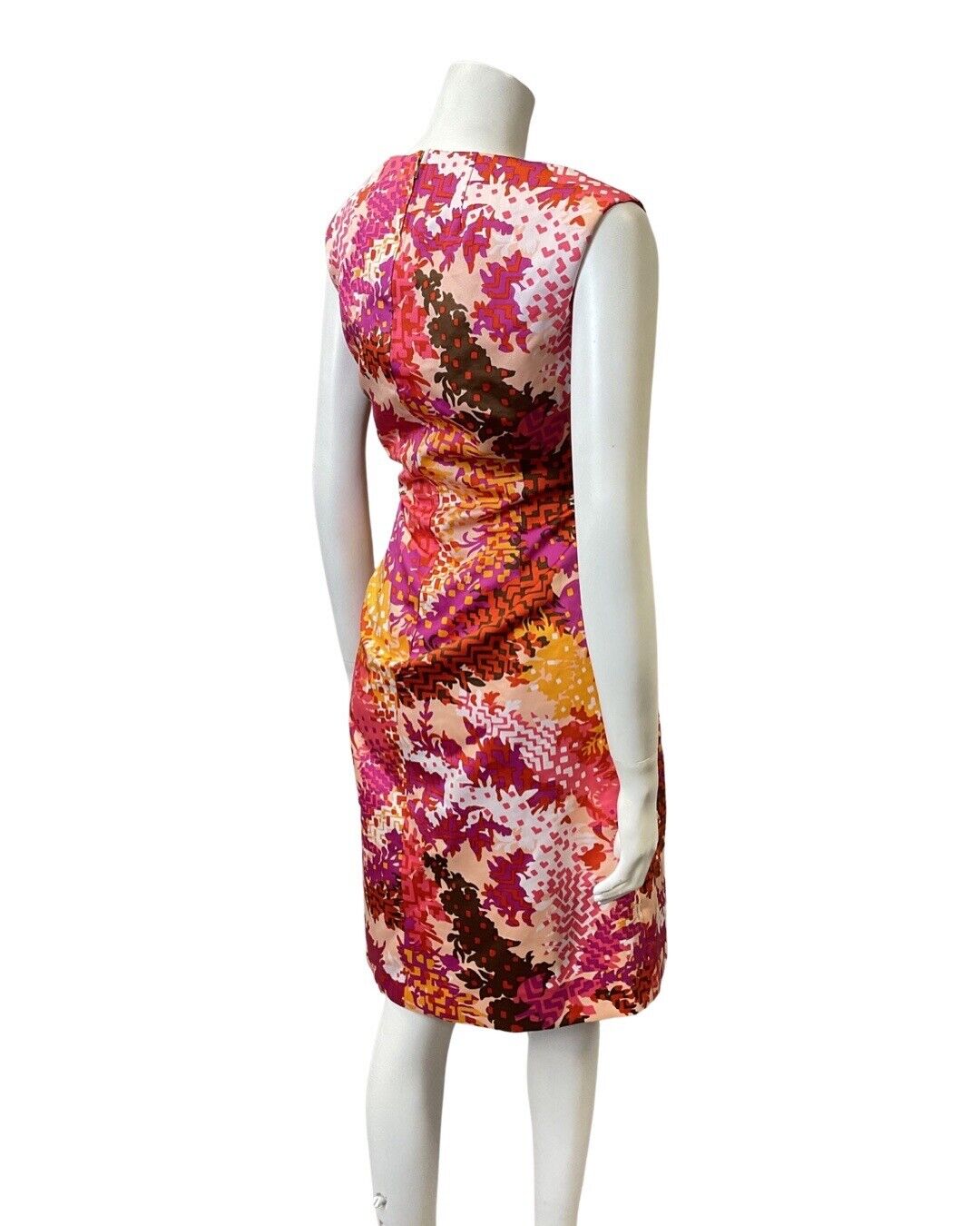 VTG 60s 70s PINK PURPLE YELLOW PSYCHEDELIC FLORAL GEOMETRIC SLEEVELESS DRESS 14