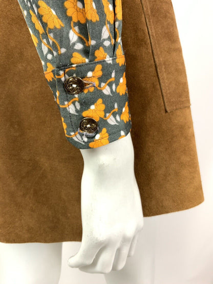 VINTAGE 70s STYLE 90s GREY SILVER YELLOW FLORAL STRIPED DAGGER SHIRT BLOUSE 8