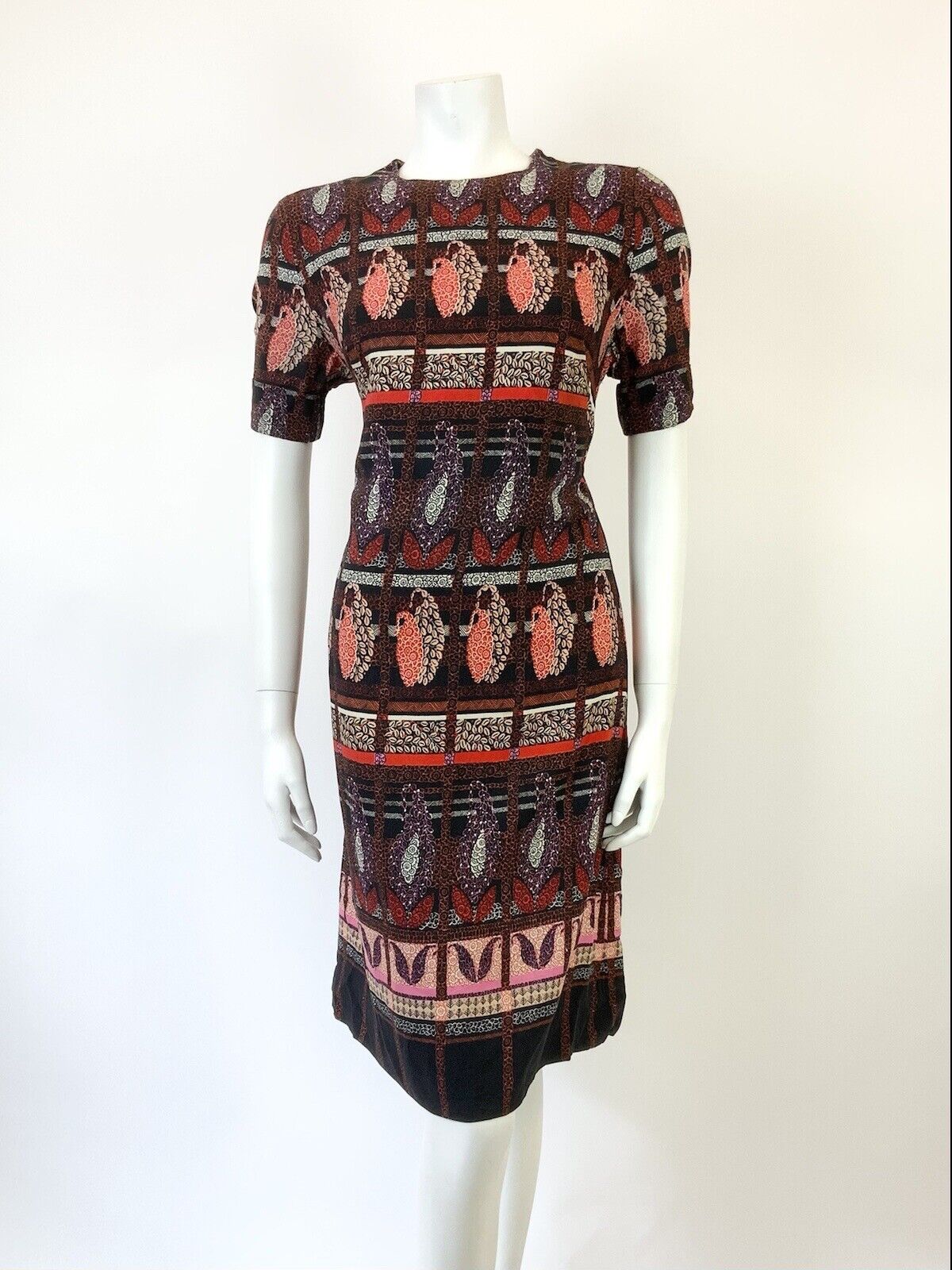 VINTAGE 60s 70s BLACK RED PINK CHECKED FLORAL LEAFY PAISLEY SWING DRESS 14 16