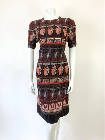 VINTAGE 60s 70s BLACK RED PINK CHECKED FLORAL LEAFY PAISLEY SWING DRESS 14 16