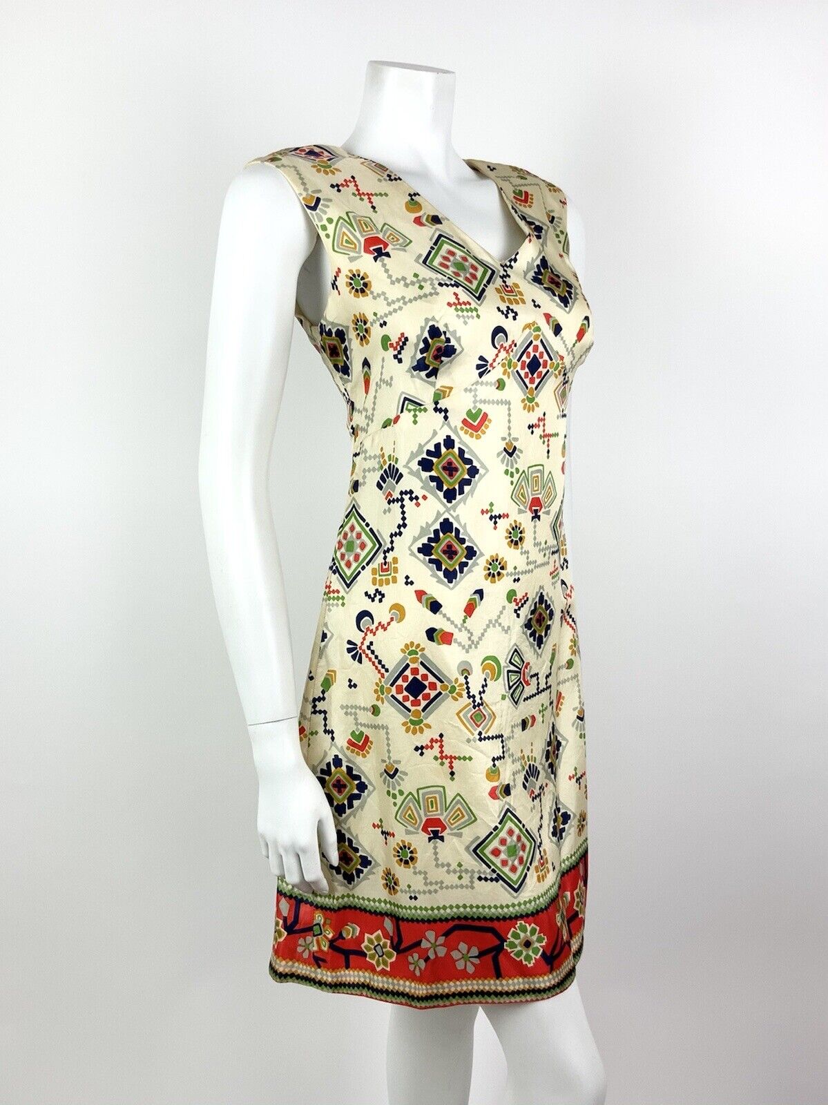 VINTAGE 60s 70s CREAM BLUE RED GREEN AZTEC FLORAL GEOMETRIC MOD DRESS 12 14