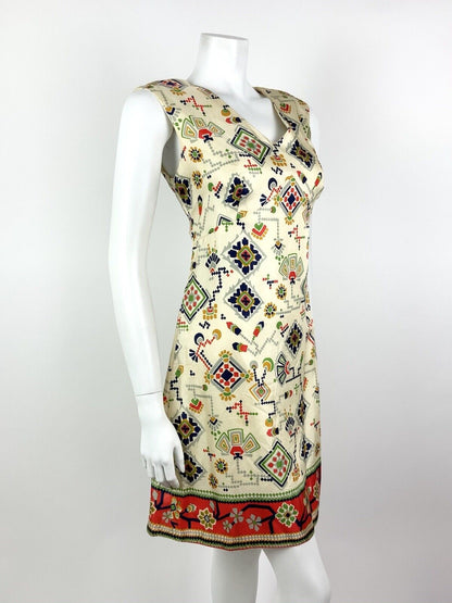 VINTAGE 60s 70s CREAM BLUE RED GREEN AZTEC FLORAL GEOMETRIC MOD DRESS 12 14