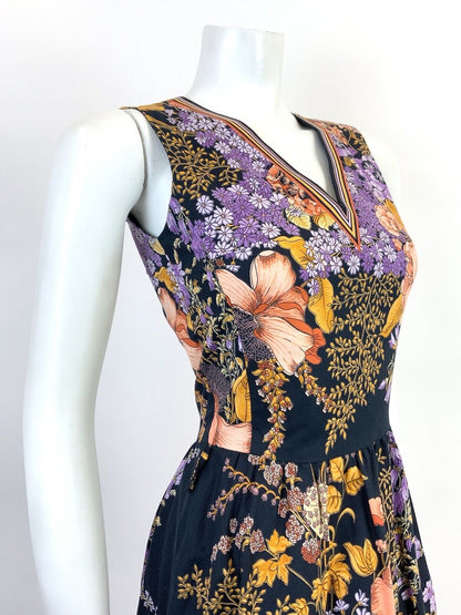 VINTAGE 60s 70s BLACK GOLD PURPLE RED FLORAL LEAFY BOHO FOLK SLEEVELESS DRESS 8