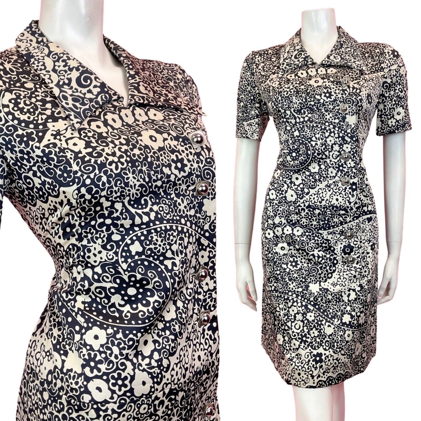 VINTAGE 60s 70s BLACK WHITE SILVER PSYCHEDELIC FLORAL MOD SHIRT DRESS 10 12