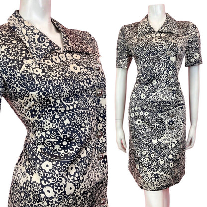VINTAGE 60s 70s BLACK WHITE SILVER PSYCHEDELIC FLORAL MOD SHIRT DRESS 10 12