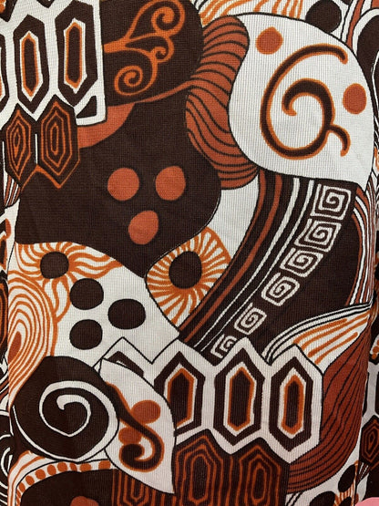 VINTAGE 60s 70s BROWN ORANGE WHITE PSYCHEDELIC SWIRL MOD SHIRT DRESS 14 16