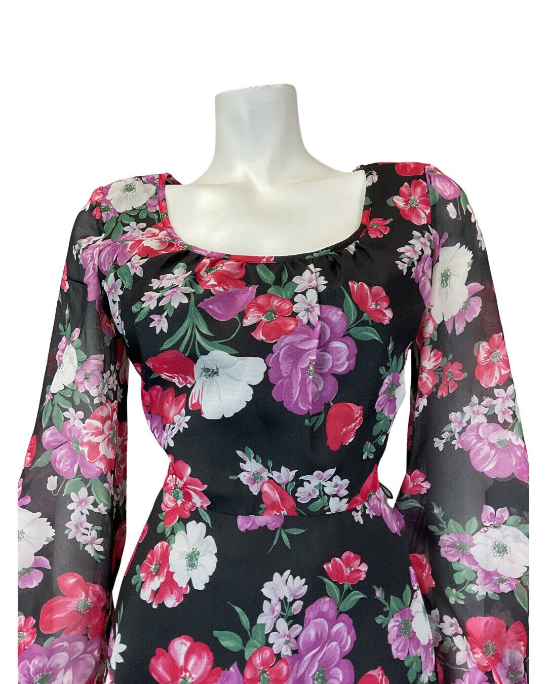 VINTAGE 60s 70s BLACK PINK PURPLE FLORAL SHEER FLOATY MIDI SWING DRESS 10