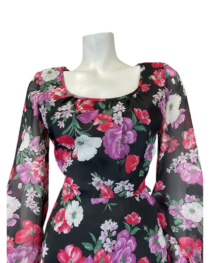 VINTAGE 60s 70s BLACK PINK PURPLE FLORAL SHEER FLOATY MIDI SWING DRESS 10