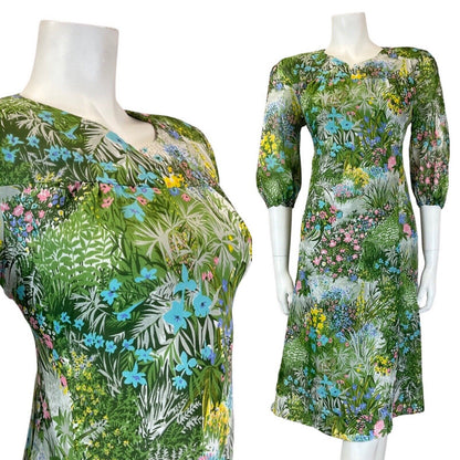 VINTAGE 60s 70s GREEN PINK BLUE GARDEN FLORAL GRASS SHEER FLOATY DRESS 12 14