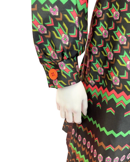 VTG 60s 70s BLACK GREEN PINK PSYCHEDELIC GEOMETRIC DAISY DAGGER SHIRT DRESS 14