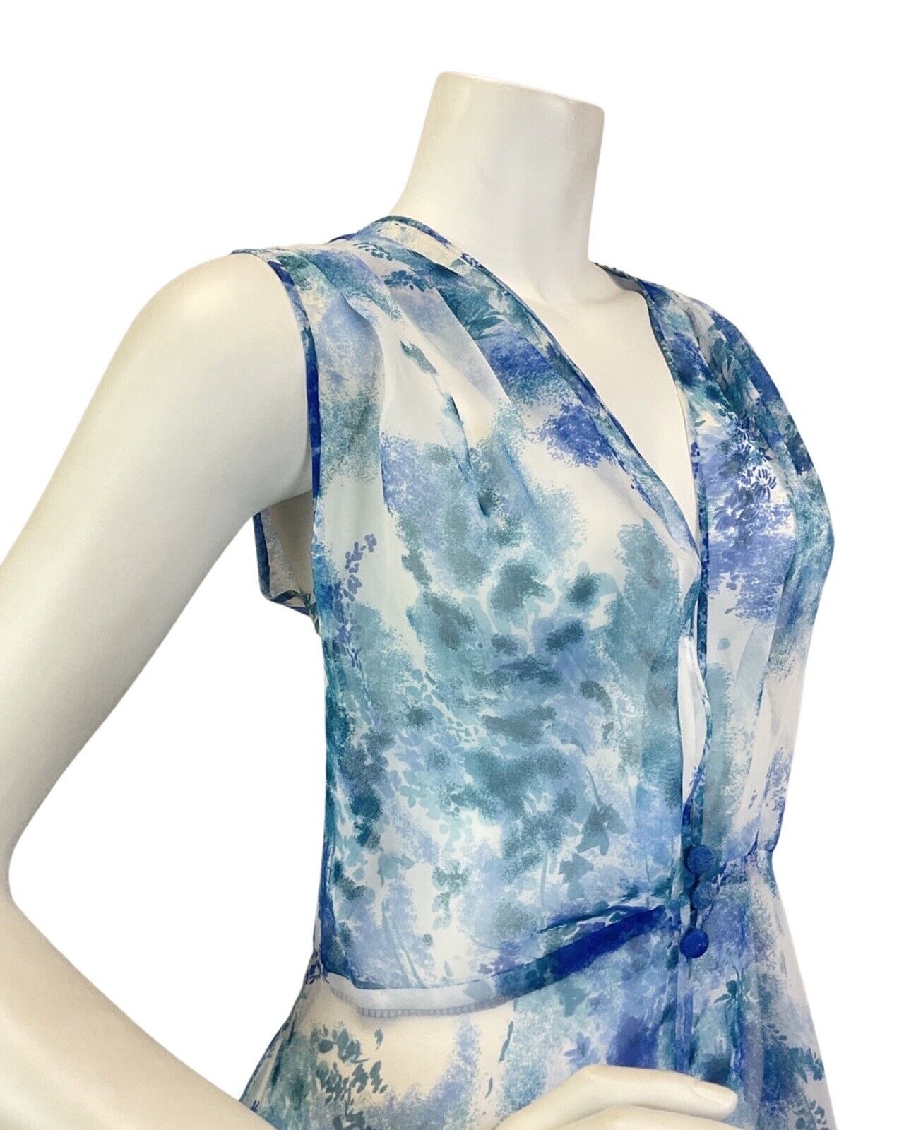 VINTAGE 60s 70s BLUE WHITE GREEN FLORAL LEAFY WAISTCOAT MAXI OVER-DRESS 14 16