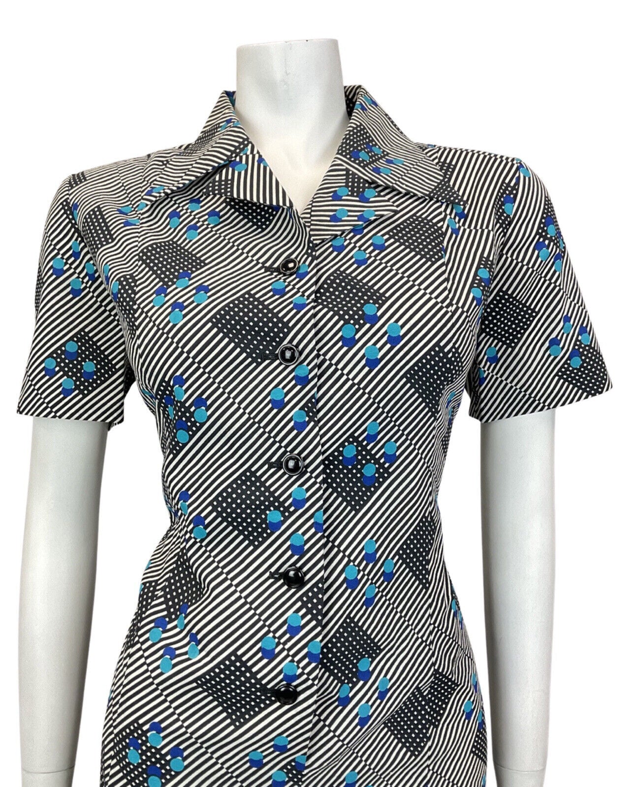 VINTAGE 60s 70s BLACK WHITE BLUE STRIPED GEOMETRIC MOD DAGGER SHIRT DRESS 12 14