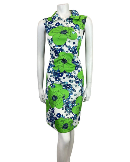 VINTAGE 60s 70s GREEN BLUE WHITE FLORAL MOD SUMMER SLEEVELESS DRESS 10