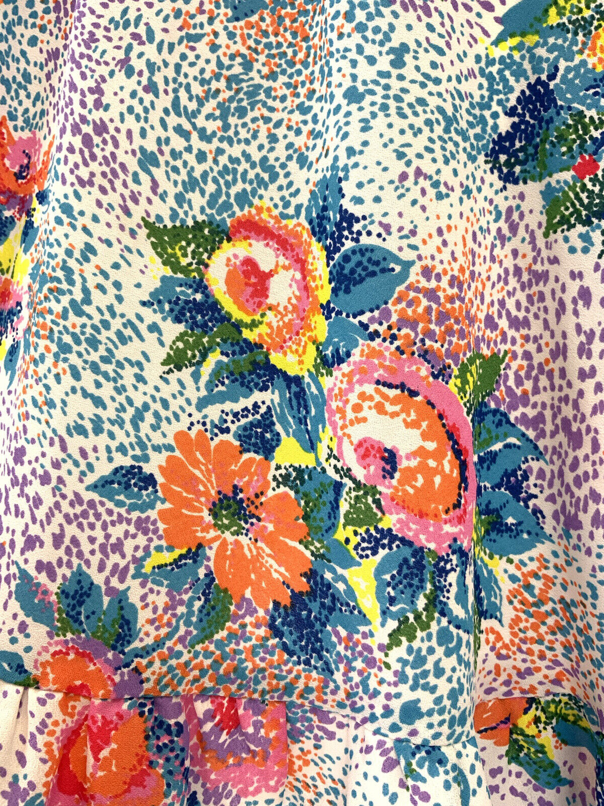 VTG 60s 70s WHITE BLUE PINK PURPLE FLORAL POINTILLISM PSYCHEDELIC SUN DRESS 8 10