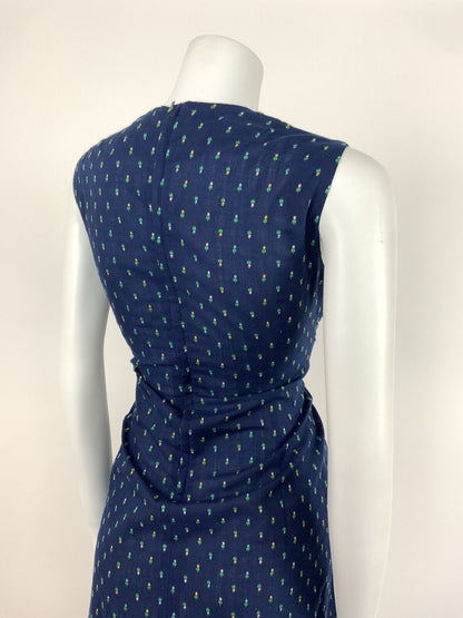 VTG 60s 70s A-LINE BLUE SUN DRESS FLORAL TULIP EMBROIDERED PINK YELLOW 10 12