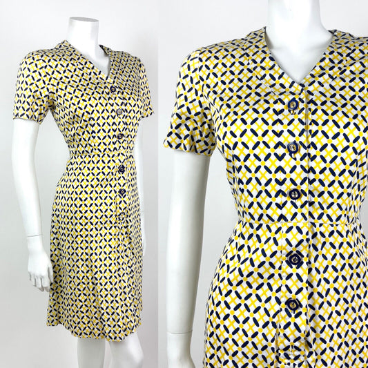 VINTAGE 60s 70s WHITE YELLOW NAVY BLUE CHECKED GEOMETRIC MOD DRESS 10
