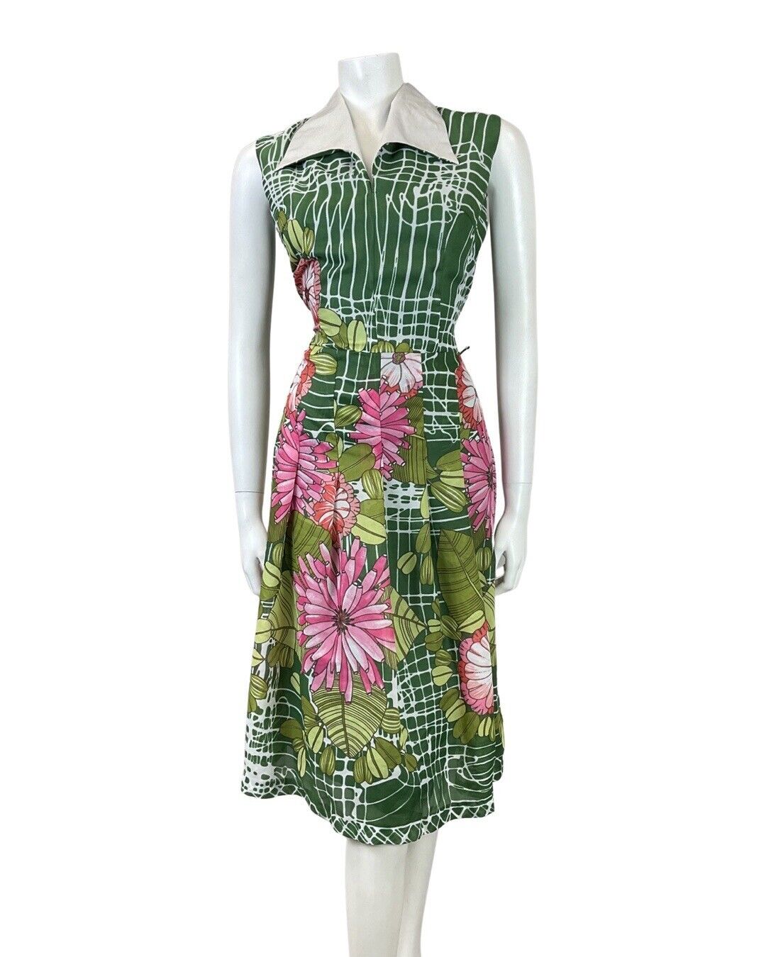 VINTAGE 70s GREEN PINK WHITE STRIPED FLORAL DAISY WING COLLAR DRESS 12