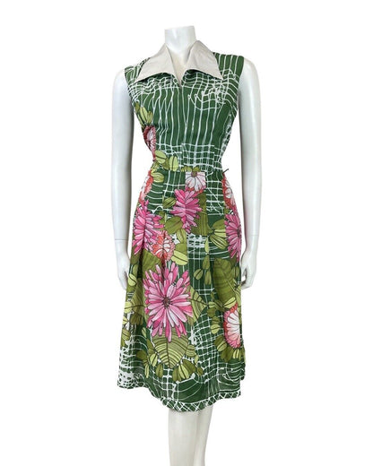 VINTAGE 70s GREEN PINK WHITE STRIPED FLORAL DAISY WING COLLAR DRESS 12