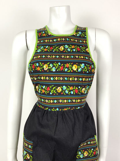 VINTAGE 60s 70s BLACK GREEN RED FLORAL GYPSY STRIPED SLEEVELESS DRESS 8