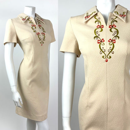 VTG 60s 70s CREAM GREEN RED BROWN SWIRL EMBROIDERED DAGGER COLLAR DRESS 12 14