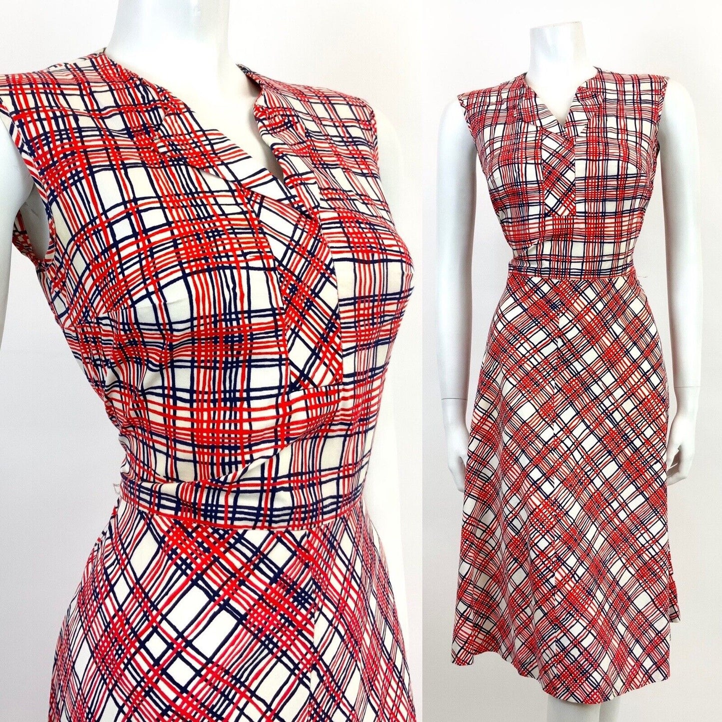 VINTAGE 60s 70s WHITE RED BLUE CHCKED PLAID MOD SLEEVELESS SHIRT DRESS 12 14