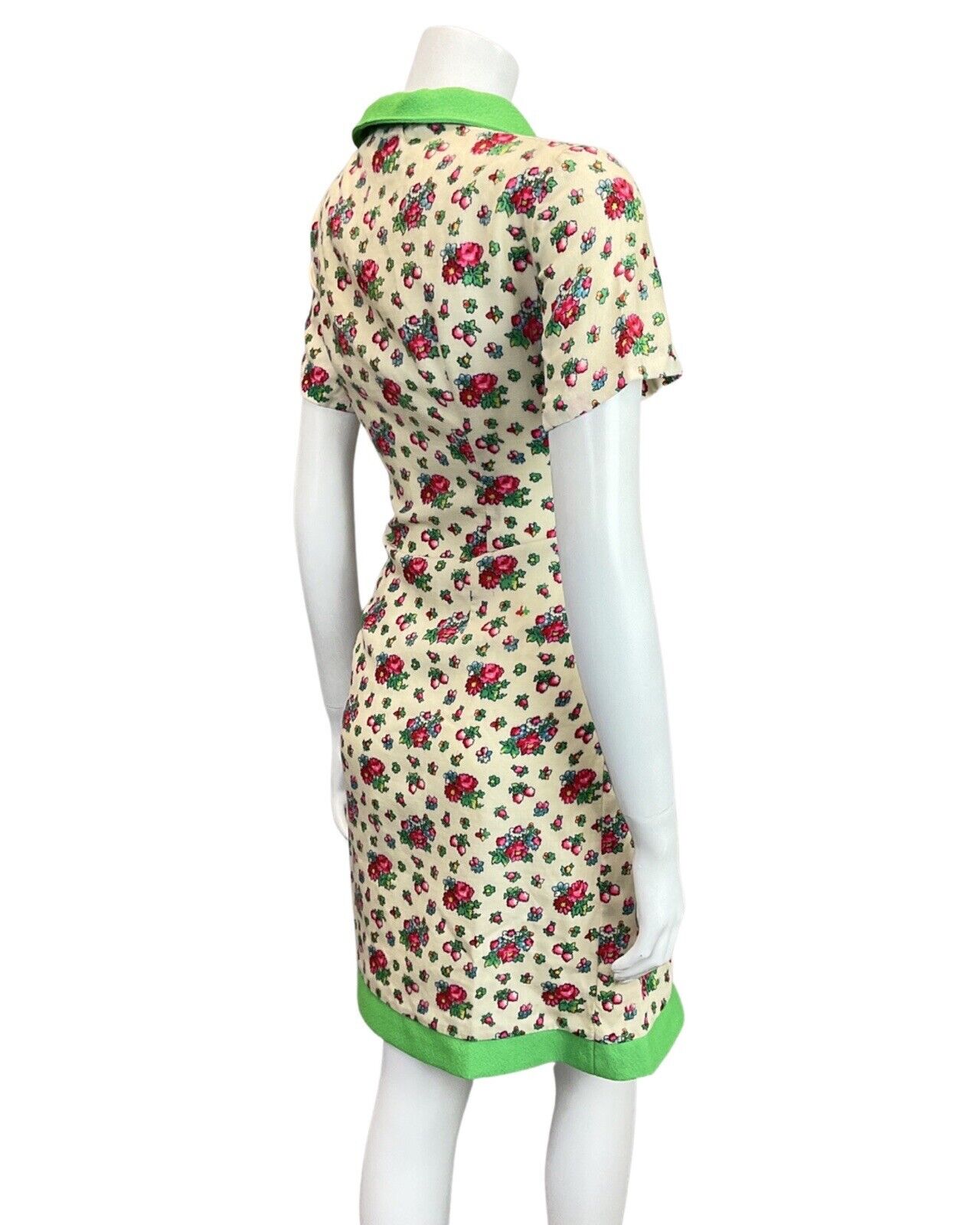 VTG 60s 70s CREAM GREEN RED PINK FLOWER DITSY CHELSEA COLLAR WIGGLE DRESS 12 14