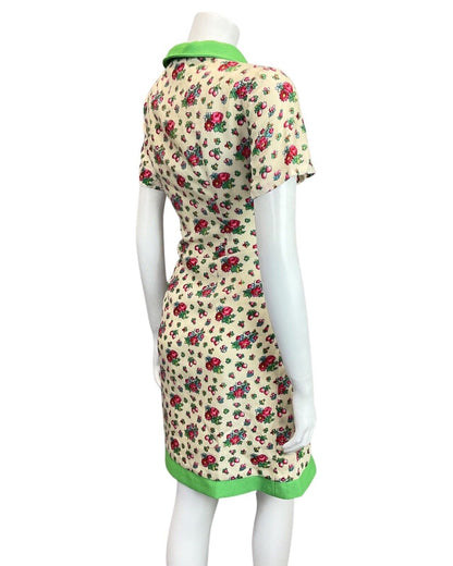 VTG 60s 70s CREAM GREEN RED PINK FLOWER DITSY CHELSEA COLLAR WIGGLE DRESS 12 14