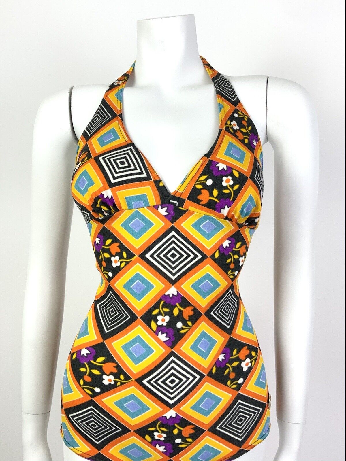 VTG 60s 70s ORANGE BLACK PURPLE GEOMETRIC FLORAL HALTER SWIM BATHING SUIT 10 12