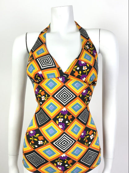 VTG 60s 70s ORANGE BLACK PURPLE GEOMETRIC FLORAL HALTER SWIM BATHING SUIT 10 12